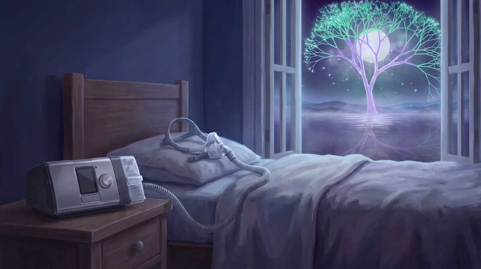 A CPAP machine on a nightstand beside a bed at night, its hose running to a mask on the pillow